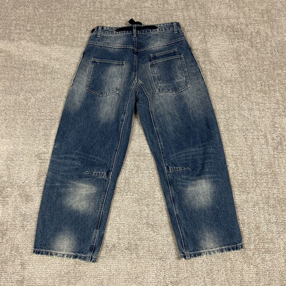 Aaron & Amber Jeans Womens Large Barrel Leg Blue Denim Cargo Button Fly Belted - Picture 10 of 11